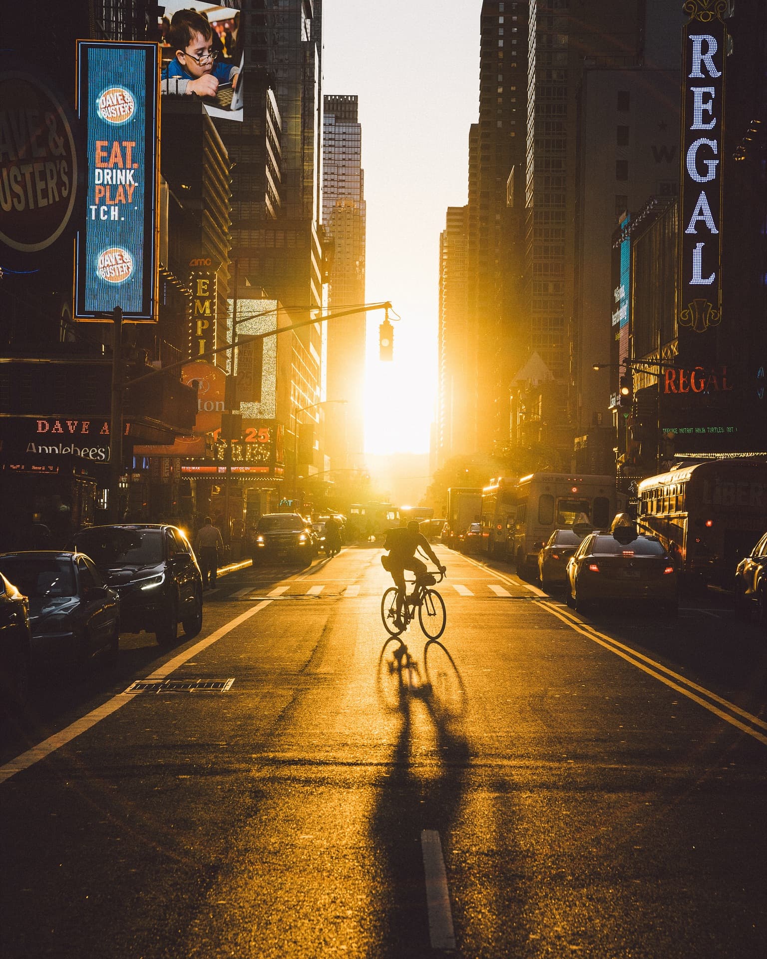 Cyclist in dramatic light on NYC street