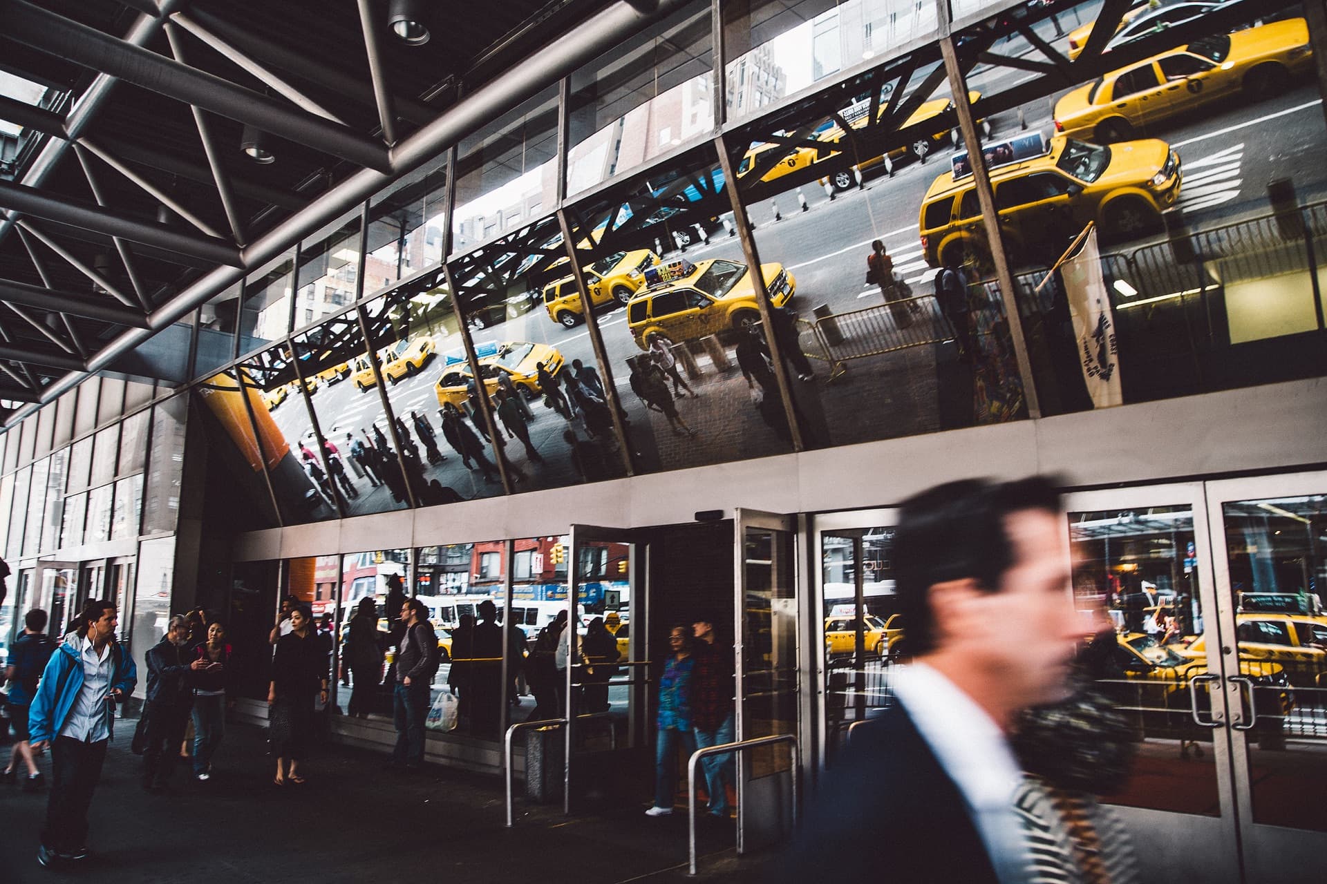 Port Authority building reflected in glass facade